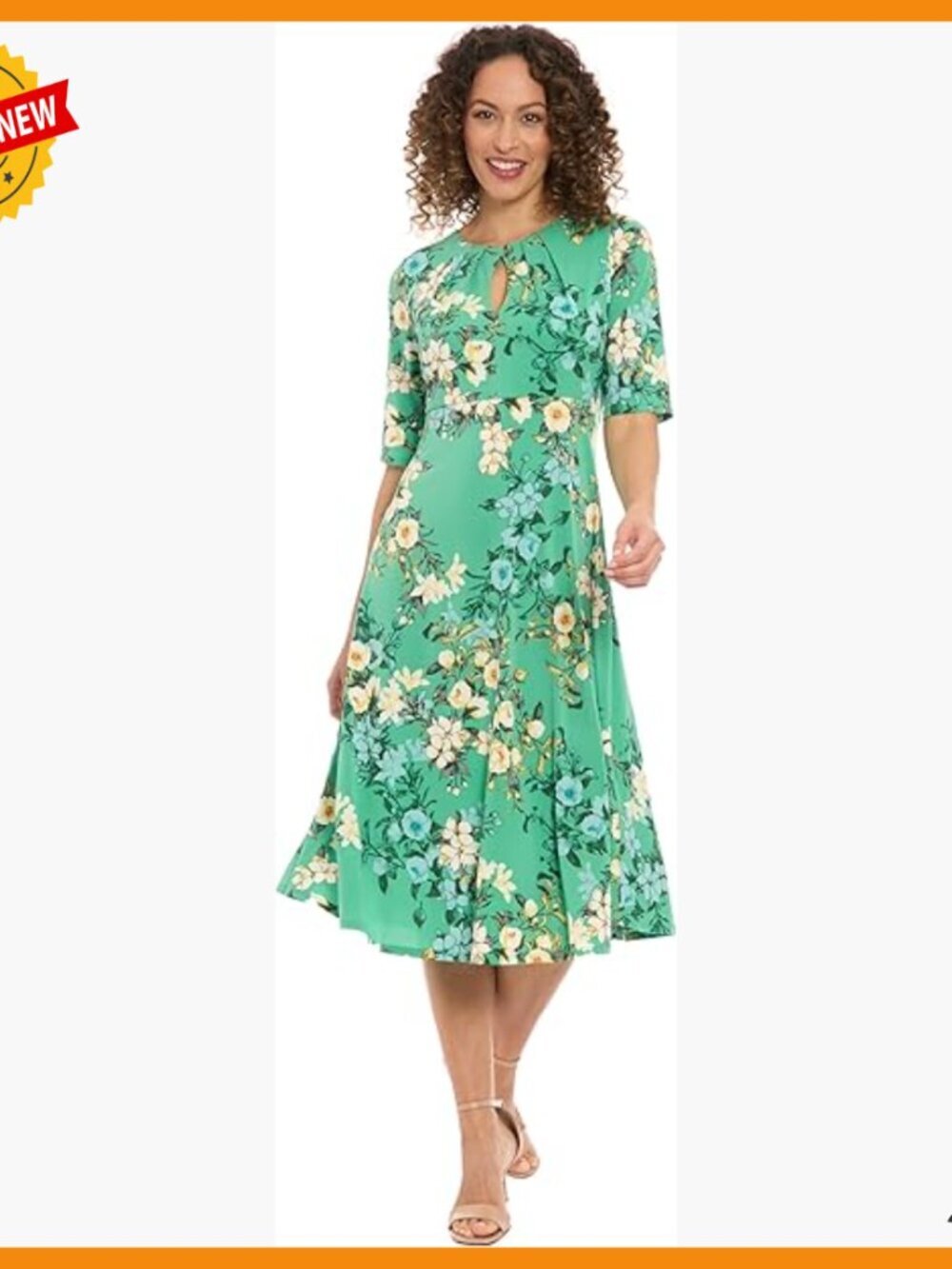 Empire Waist Midi Dress with Keyhole Neckline, 3/4 Sleeves, A-Line Skirt